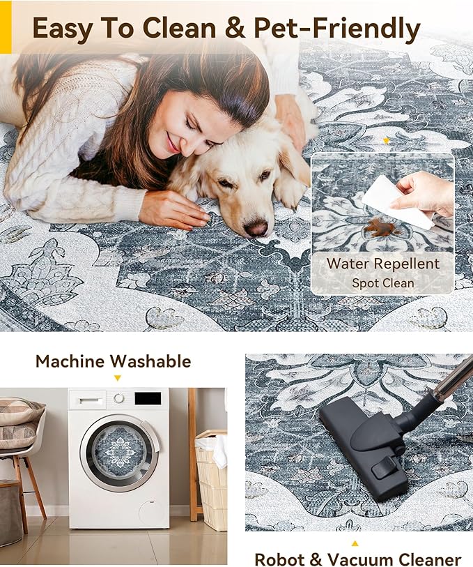 Area Rugs 8ft Washable Non-Slip, Floral Vintage Distress Print Pattern Medallion Carpet for Living Room Bedroom Dining Room, Light Gray Grey White