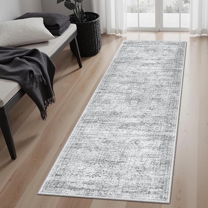 Runner Rug 2'x6' Washable Non-Slip Runner Rugs for Kitchen Bathroom Laundry Room Grey Vintage Floor Carpet Runners for Hallway Entryway