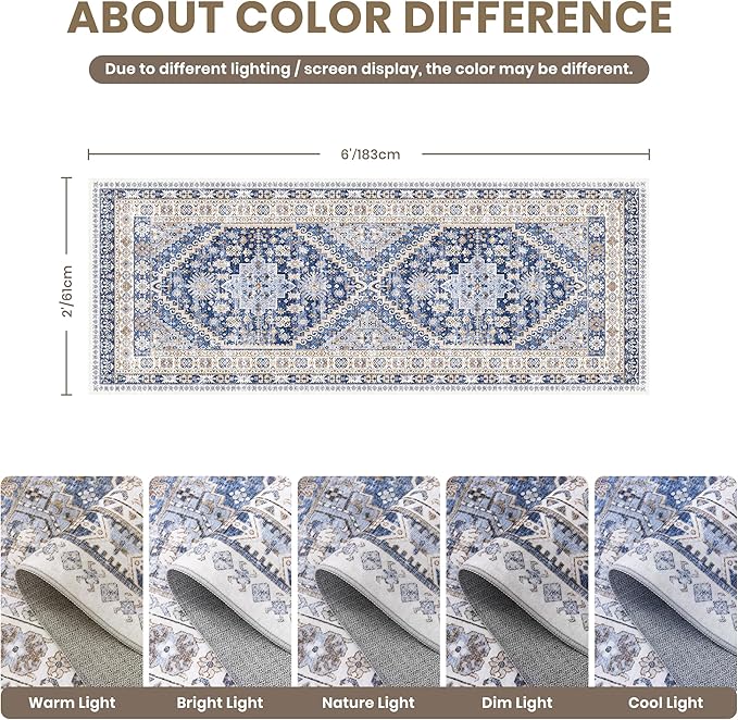 zesthome 2x6 Runner Rug for Hallways, Machine Washable Rug, Non Slip Vintage Low Pile Runners, Stain Resistant Runners for Entryway, Kitchen, Bathroom, Laundry Room, Corridor