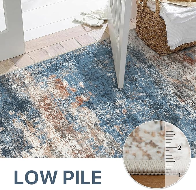 Area Rugs 6x9 for Living Room Bedroom, Modern Abstract Machine Washable Rug, Large Soft Low Pile Floor Carpet with Non Slip Backing for Dining Room, Blue/Brick