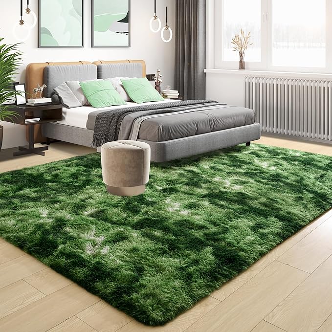 Tepook Fluffy Large Rugs for Living Room, Area Rug 6x9 Soft Carpet for Bedroom, Modern Shaggy Rug for Kids Boys Girls, Plush Indoor Nursery Home Decor Rug with Non-Slip Bottom, Tie-Dyed Dark Green