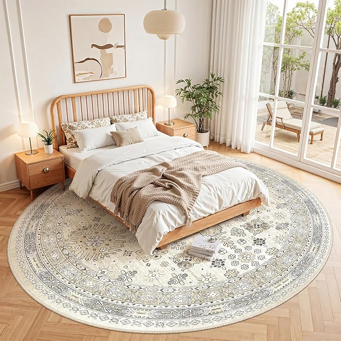 zesthome 9ft Round Rugs for Living Room, Non-Slip Washable Round Area Rugs, Ultra-Thin Large Circle Rugs, Soft Low Pile Rug for Bedroom, Kitchen - Vintage Stain Resistant Round Rug (Beige,9'x9')
