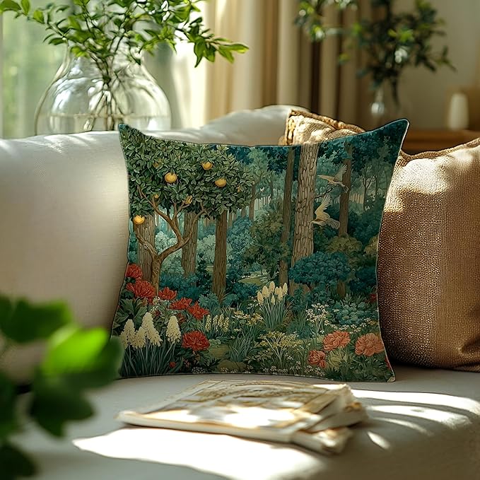 Rustic Forest Green Pillow Covers 18x18 Double-Sided, Cottagecore Summer Lemon Forest Nature Botanical William Morris Inspired Decorative Throw Pillow Covers for Sofa Bed Bedroom Living Room