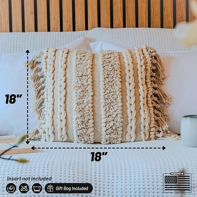Decorative Boho-Chic Square Pillow Cover 18x18 Handwoven Tufted Braided Cotton Accent Pillows, Neutral Throw Cushion for Couch, Sofa or Bed, Farmhouse & Bohemian Home Decor, Trendy USA Design