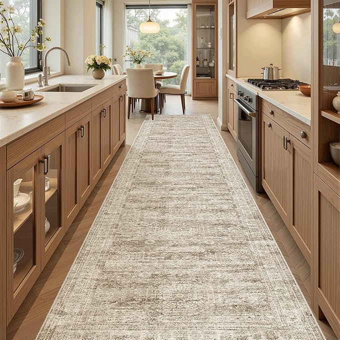 Runner Rug 2'6" x 12' Washable Non-Slip Runner Rugs for Kitchen Bathroom Laundry Room Vintage Ultra Thin Runners for Hallway Entryway Brown