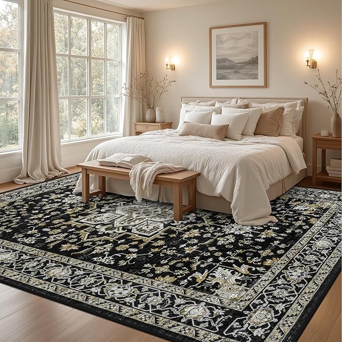 Area Rugs 10x12 Living Room Rug: Washable Rug Soft Vintage Boho Medallion Carpet Indoor Non-Slip Stain Resistant Large Carpets for Bedroom Dining Room Farmhouse Nursery Home Office Black Gold