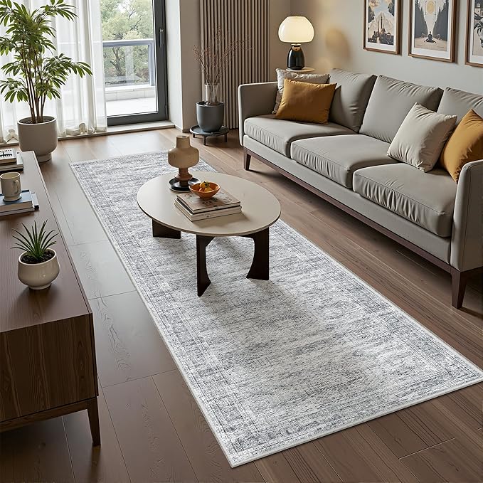 Long Bathroom Rugs Runner - Washable Runner Rugs for Hallway 2x10, Ultra-Thin Soft Kitchen Carpet Runner, Anti Slip Backing Runner Rugs for Entrance, Bedroom, Living Room(2'x10', Grey/Ivory)