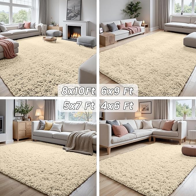 5x8 Area Rugs for Living Room: Soft Fluffy Shag Beige Rugs for Bedroom, Non Slip Large Fuzzy Plush Rug Indoor Floor Carpet for Nursery Kids Boys Girls Room, Dorms, Playroom, Modern Home Decor