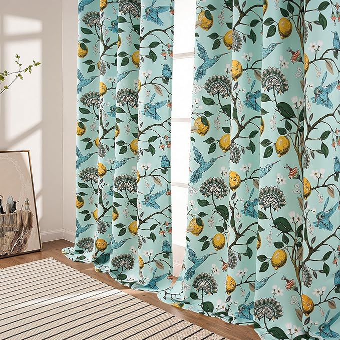 Topfinel 90 Inches Long Curtains Mint Green Whimsical Woodland Leaf Jungle Flower Hummingbird Victorian Grommet Thick Sage Green Curtains for Balcony Sliding Glass Office Bedroom Living Room