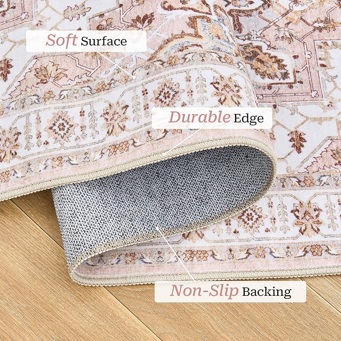 Madane Hallway Runner Rug 2x12, Extra Long Washable Runner Rugs with Rubber Backing, Non Slip Carpet Runner, Vintage Medallion Rug Runners for Kitchen Laundry Room Entryway (Pink, 2'x12')