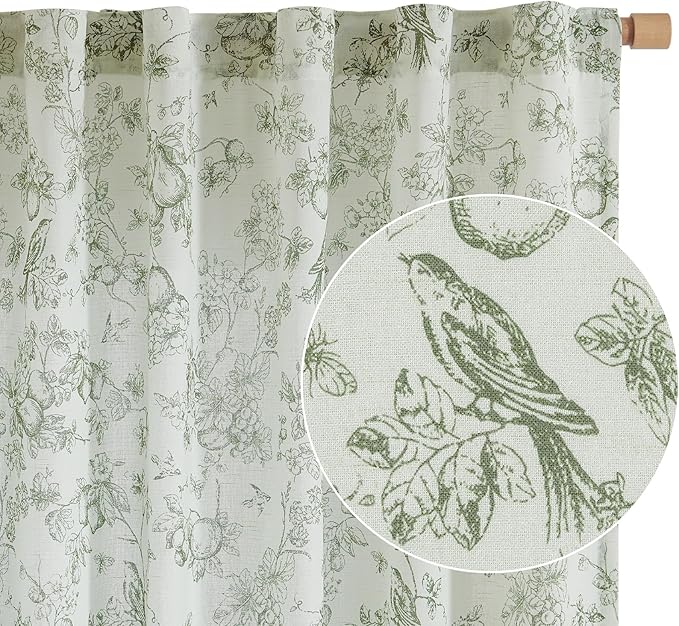 jinchan Linen Floral Curtains for Living Room 84 Inch Long Sage Green Printed Flower French Country Curtain Farmhouse Cottage Core Toile Curtains Back Tab Light Filtering Window Drapes Set 2 Panels