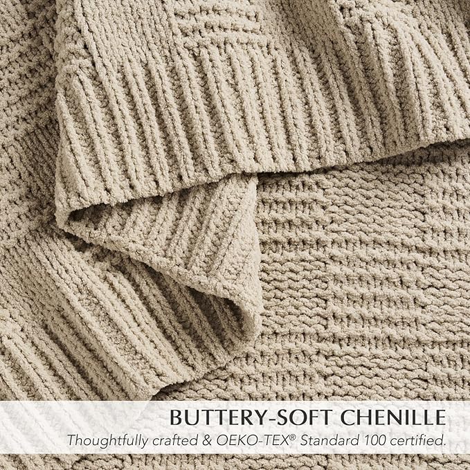 EVERGRACEHOME Modern Checkered Chenille Throw Blanket, Soft Cozy Plaid Knitted Blanket for Sofa & Couch, Decorative Knit Throw for Bed and Living Room, Sand Dune, 60" x 80"