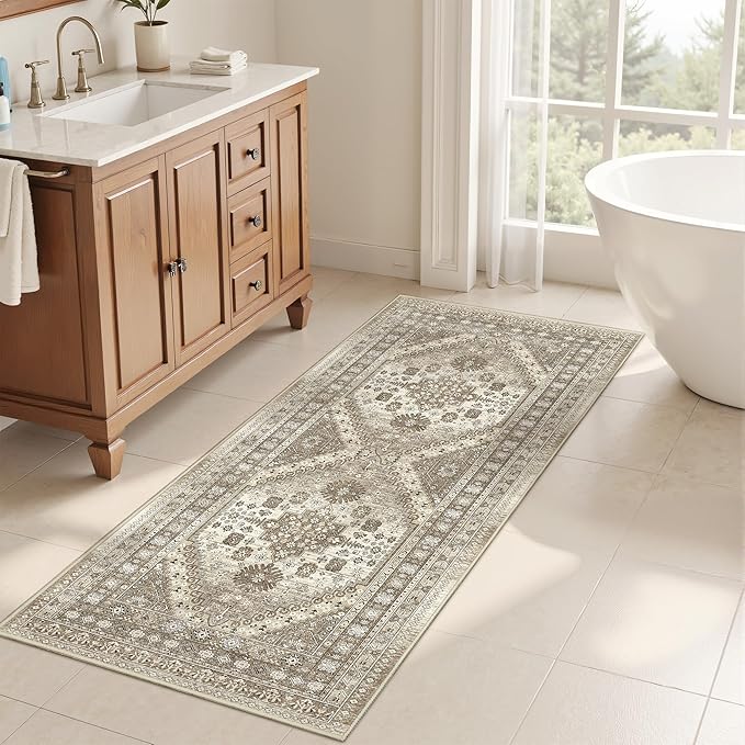 2x5 Rug Runner Washable for Entryway, Soft Bathroom Rugs with Non-Slip Backing,Vintage Low Pile Stair Runner, Small Kitchen Carpet for Hallways, Laundry Room(Brown,2'x5')