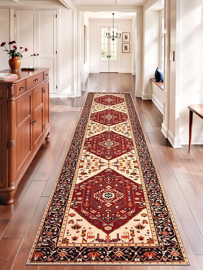 SERISSA Runner Rug for Hallways, 2'6"x12' Washable Non Slip Kitchen Runner Rug, Extra Long Boho Rug Ultra Soft Vintage Red Black Print Floor Carpet for Bedroom Hallway Entryway Bathroom Laundry Room