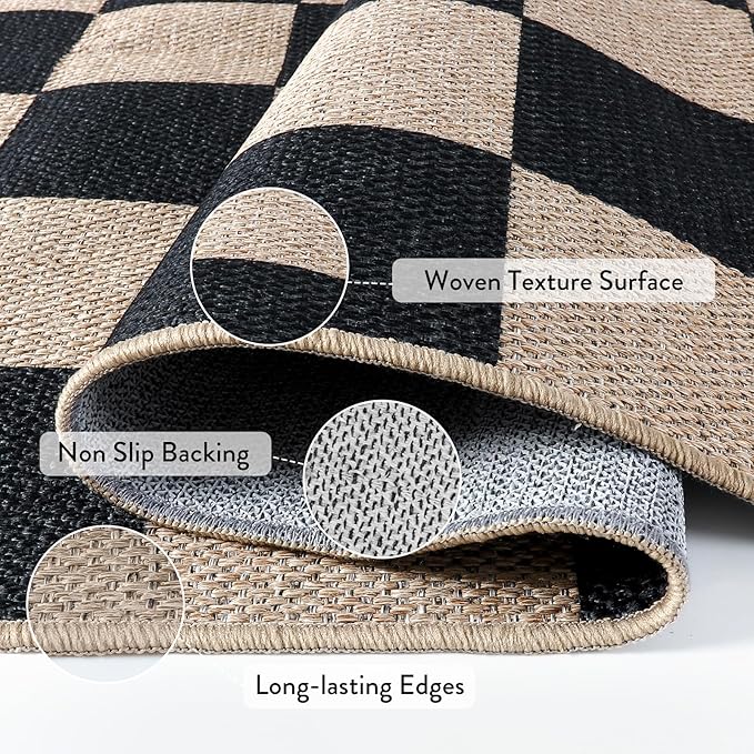 Lahome Colette Checkered Easy Jute Runner Rug, 2x6 Kitchen Runner Rug Non Slip Washable Outdoor Carpet for Entryway Indoor, Checkerboard Black Indoor Outdoor Carpet Runners for Hallway 6ft Entry