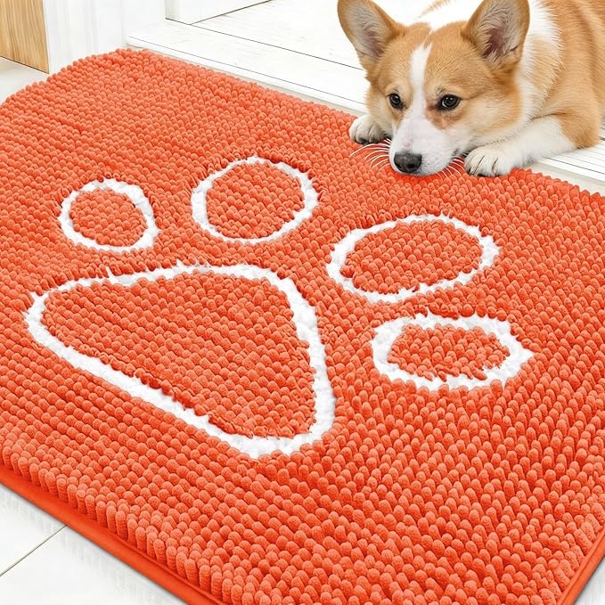 OLANLY Dog Door Mat for Muddy Paws 30x20, Paw Print Design, Absorbs Moisture and Dirt, Absorbent Non-Slip Washable Doormat, Quick Dry Chenille Mud Mat for Dogs, Entry Indoor Entryway Carpet, Coral