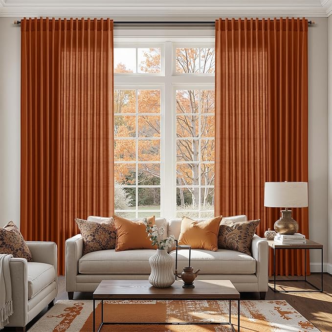 Rust Linen Curtains 108 Inches Long for Living Room Light Filtering Semi Sheer Curtain Back Tab Vintage Rustic Decor Extra Long Floor to Ceiling High Window for Bedroom Office 52x108, 2 Panels