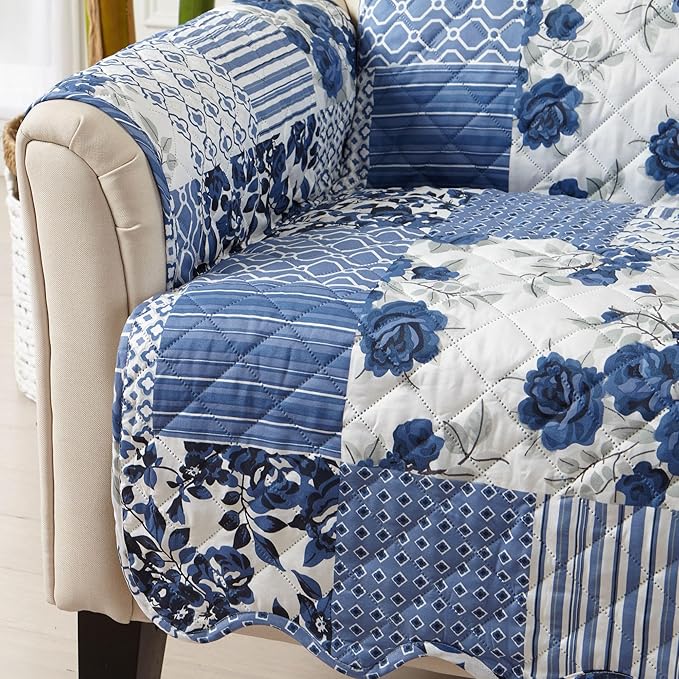 Great Bay Home Reversible Patchwork Loveseat Cover - Washable Slipcover Furniture Protector with Elastic Straps - Perfect for Kids & Pets - Box-Stitched Detail (Navy)