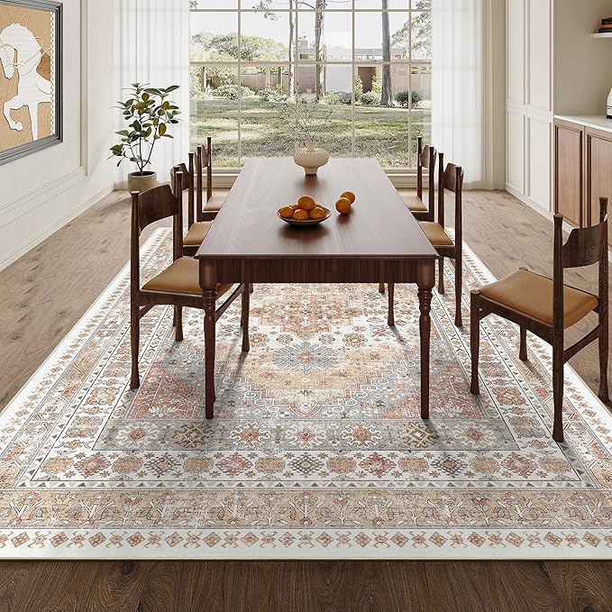 zesthome 7x9 Area Rug, Super Soft Washable Rugs for Living Room, Non-Slip Stain Resistant Vintage Rugs, Ultra-Thin Large Area Rugs (Orange,7'x9')