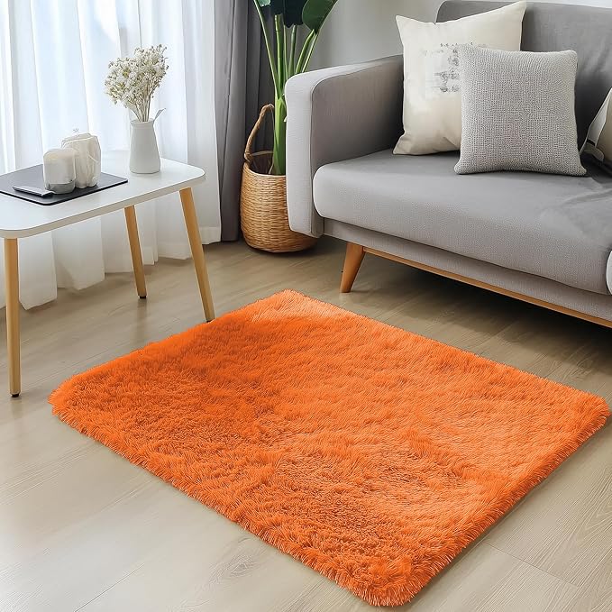OLANLY 2x3 Machine Washable Small Bedside Rug, Soft Fluffy Shaggy Entryway Throw Rugs for Bedroom, Living Room, Indoor Floor Carpet for Kids Girls and Boys, Nursery Rooms, Home Decor Aesthetic, Orange