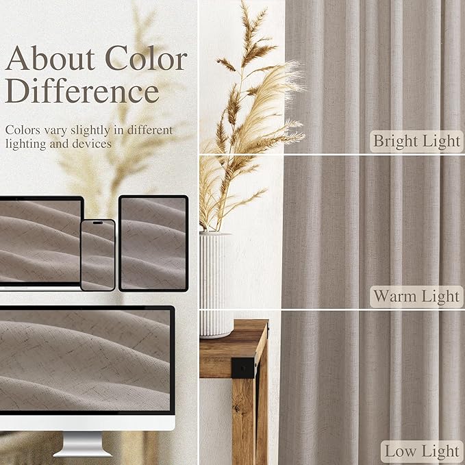Nanspring Stone Beige Linen Curtains for Living Room 108 Inches Long Simple Modern Light Filtering Semi Sheer Curtain Back Tab Farmhouse Floor to Ceiling High Window for Bedroom 52x108, 2 Panels