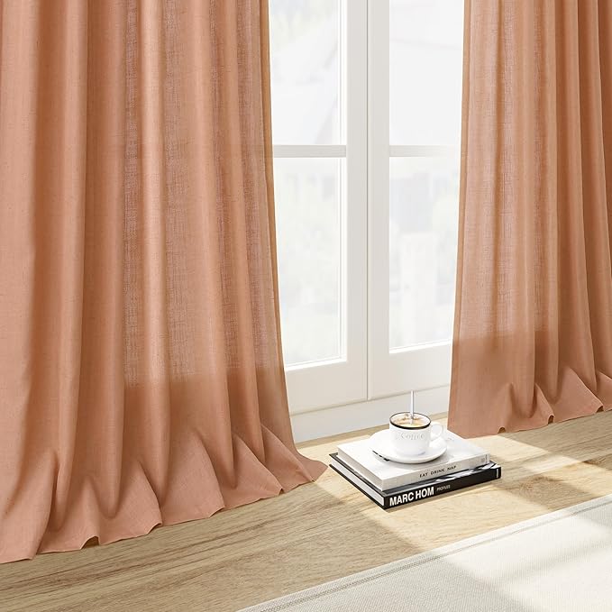Nanspring Peach Quartz Linen Curtains 108 Inch Length 2 Panel Set Back Tab Loop Pocket Light Filtering Semi Sheer Boho Style Extra Long Drapes for High Ceiling Living Room 52x108