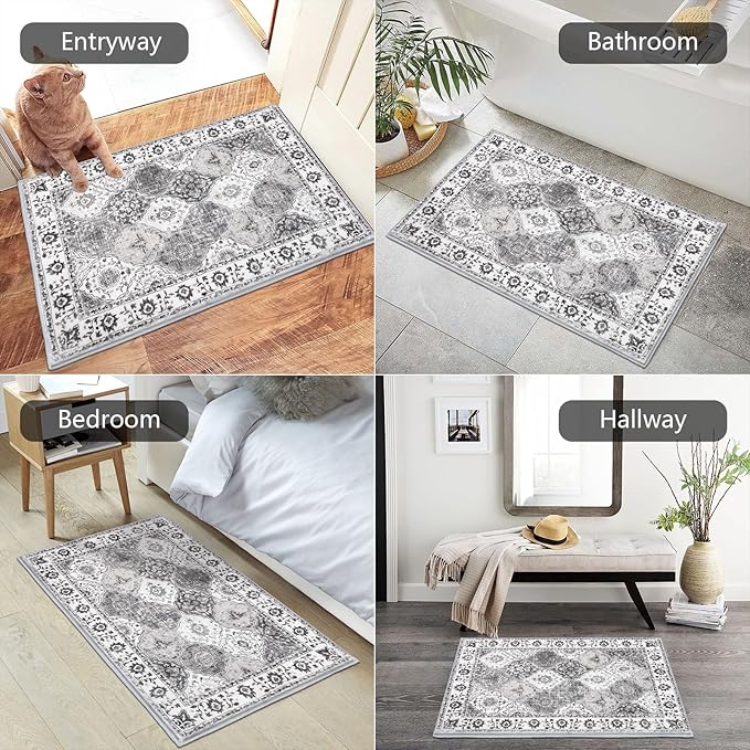 HEBE Washable Area Rug - 2'x3' Non Slip Soft Distressed Medallion Bedroom Boho Living Room Accent Throw Vintage Entry Floor Carpet for Dining Room Bathroom Entryway