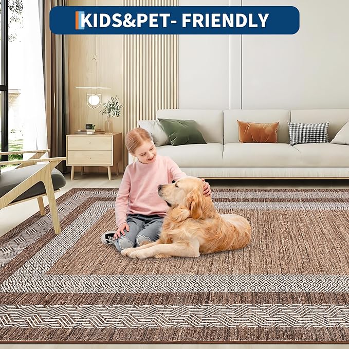 GarveeHome Modern Geometric Area Rug 2x3 Distressed Bordered Washable Non Slip Floor Small Carpet Non Shedding Thin Soft Low Pile Rug, Contemporary Gray Rug for Dining Room, Living Room Dark Brown