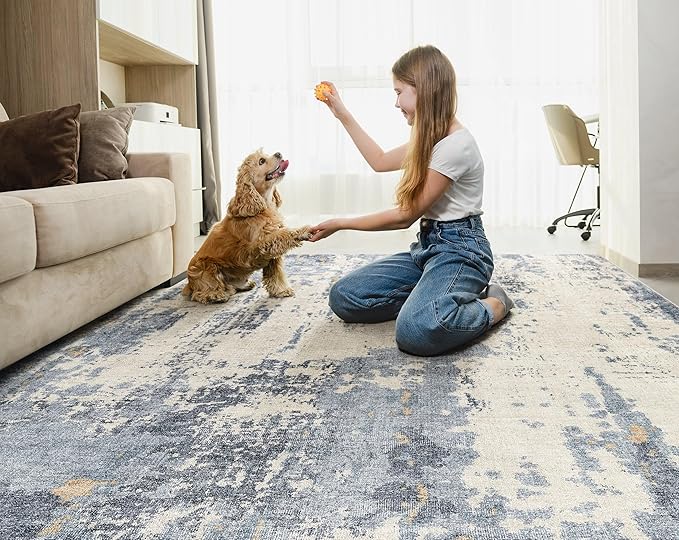 UERMEI 9x12 Area Rug Living Room Rugs - Washable Neutral Modern Abstract Soft Thin Rug Indoor Floor No Slip Rug Carpet for Bedroom Under Dining Table Home Office Decor - Blue/Light Brown