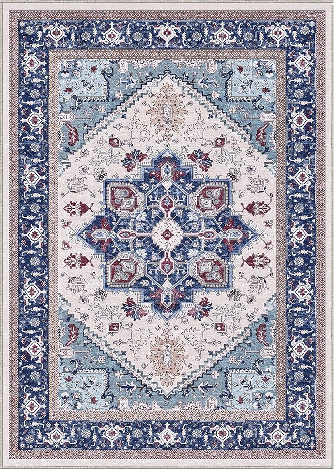 OPPODREAM Soft 10x14 Area Rugs, Washable Rugs 10x14 with Non Slip Backing, Low-Pile Faux Cashmere 10 x 14 Carpet, Navy Blue & Red & Cream