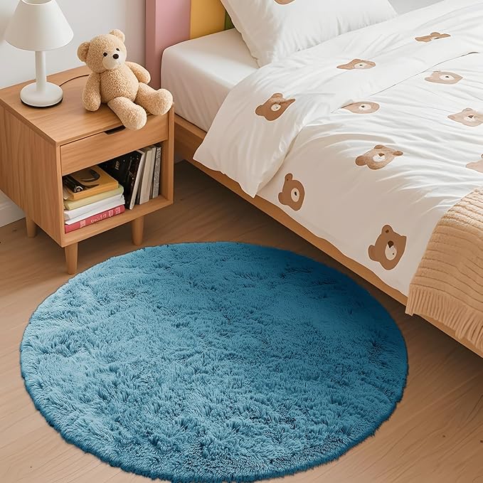 OLANLY Slate Blue Round Rugs for Bedroom - Machine Washable, 3 ft Circle Area Rugs for Living Room, Soft and Fluffy Shaggy Carpet for Teen Girl and Boys, Nursery Rooms, Dorms, Home Decor Aesthetic