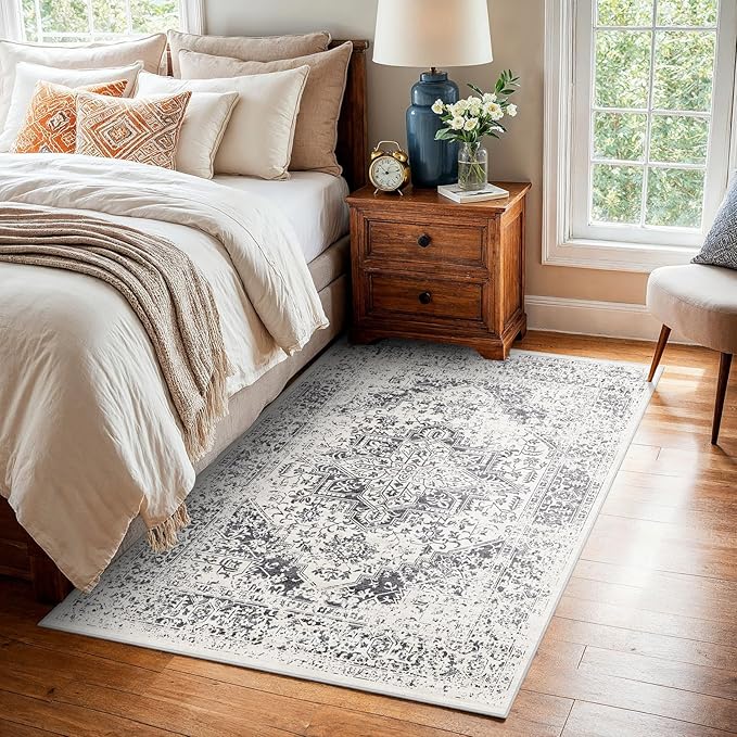 Washable 3x5 Area Rug for Entryway - Kitchen Non Slip Low-Pile Rugs Vintage Soft Thin Carpet Small Stain Resistant Mat for Bedroom Entrance Bathroom Floor Decor (Distessed Grey)