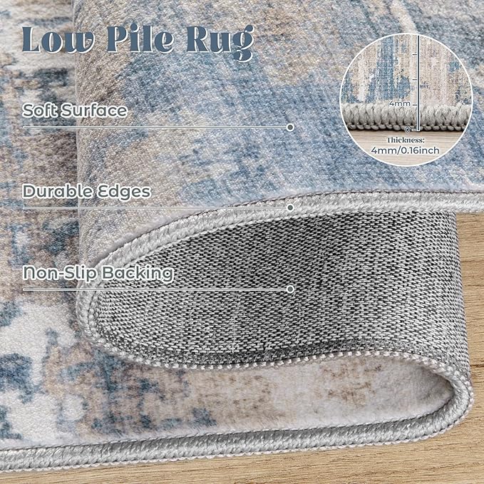 5x7 Area Rugs for Living Room, Washable Modern Abstract Large Area Rug Neutral Soft Non Slip Kids Rug Stain Resistant Indoor Carpet for Bedroom Nursery Dining Room Playroom(BlueBeige, 5'x7')
