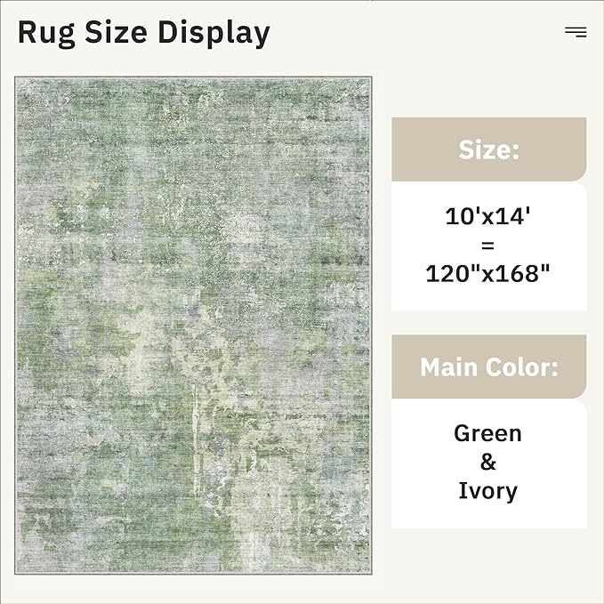 10x14 Area Rugs for Living Room, Non Slip Machine Washable Vintage Rugs, Low Pile Lightweight Large Rug for Bedroom, Dining Room, Home Office Green/Ivory