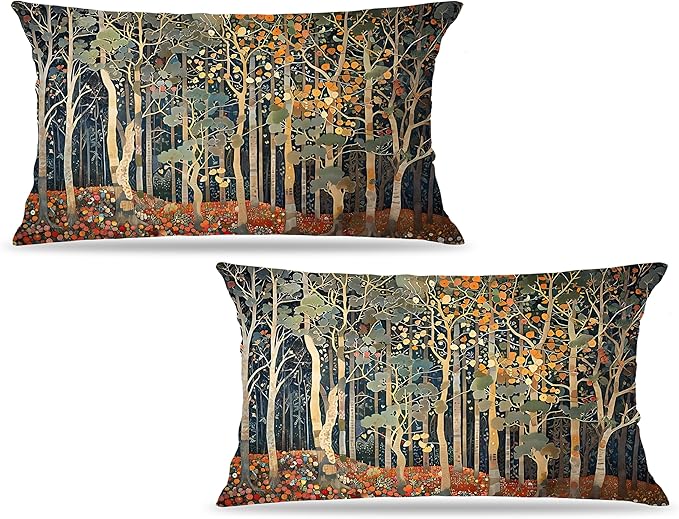 Rustic Autumn Forest Pillow Covers 20x12 Set of 2, Fall Home Room Decor, Vintage Botanical Nature William Morris Inspired Decorative Throw Pillow Covers for Home Bedroom Living Room