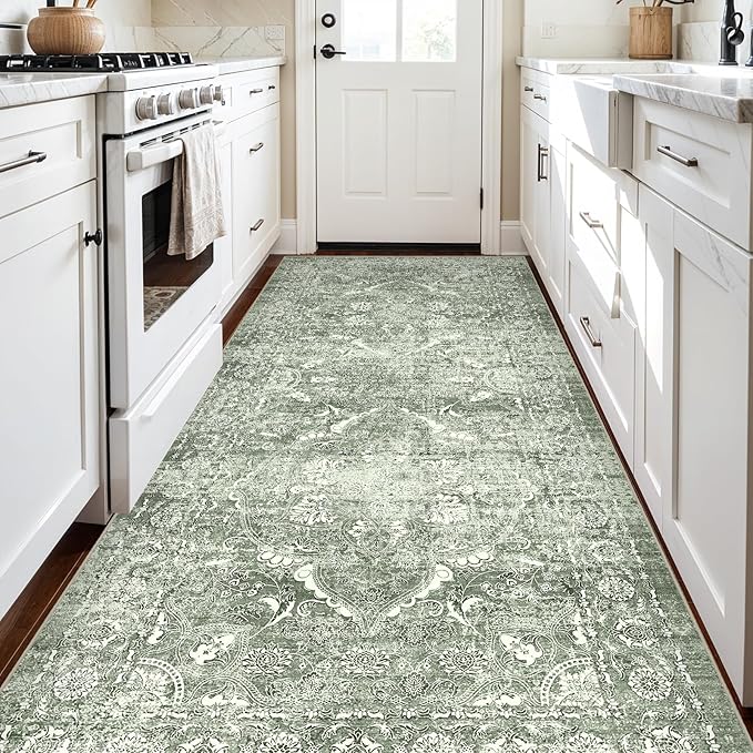 4x8 Washable Hallway Runner Rug - Wide Kitchen Runners Vintage Low Pile Carpet Soft Thin Floor Runner with Rubber Backing for Entryway Bedroom Living Room Home Decor (Muted Sage Green)
