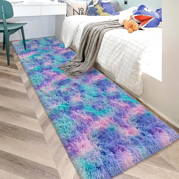 Super Soft Fluffy Living Room Area Rug 2x10 ft Purple Rainbow Tie-Dyed Shaggy Furry Carpet Washable Non-Slip Carpets Bedroom Bedside Nursery Rug Cute Colorful Room Decor for Girls