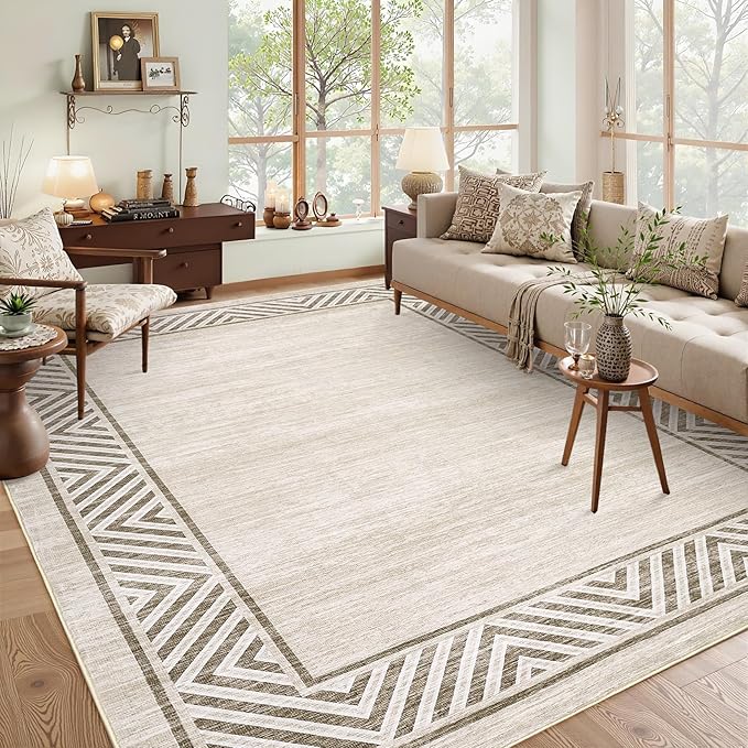 GarveeHome Large Dining Room Rug 10x13 Washable Bordered Carpet for Bedroom, Stain-Resistant Ultra-Thin Indoor Rug with Non-Slip Backing, Contemporary Floor Cover for Living Room, Office, Beige