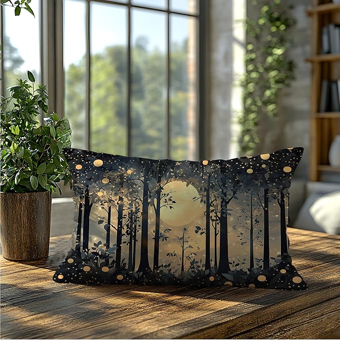 Rustic Night Moon William Morris Inspired Forest Gold Pillow Covers 18x18,Vintage Black and Gold Botanical Nature Landscape Decorative Throw Pillow Covers for Home Bedroom Living Room