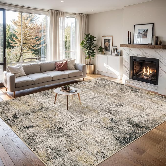 6x9 Area Rugs for Living Room - Washable Rug Modern Abstract Soft Large Neutral Non-Slip Carpet Indoor Floor Thin Carpets for Bedroom Dining Room Farmhouse Nursery Home Office Brown Black Grey