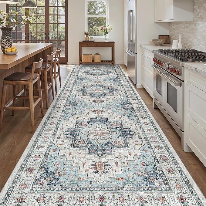 Madane 4x12 Wide Hallway Runners: Washable Runner Rug for Entryway Living Room Soft Vintage Non Slip Carpet Runner for Kitchen Dining Room Nursery Bedroom Thin Area Rug (Blue, 4x12ft)