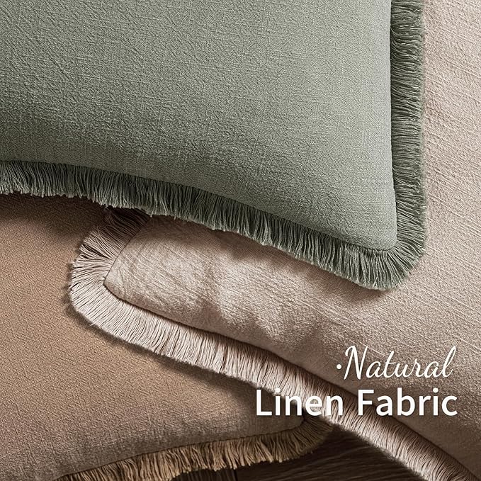 MIULEE Decorative Throw Pillow Covers Neutral Linen Fringe Throw Pillows Set of 2 Natural Linen Boho Farmhouse Cushion Covers with Tassels for Couch Sofa Bed Spring Home Decor 20x20 Inch