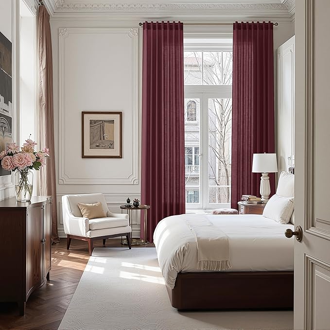 Nanspring Burgundy Linen Curtains for Living Room 105 Inches Long Light Filtering Semi Sheer Curtain Back Tab Vintage Boho Decor Elegant Luxury Drapes for Bedroom Dinner Room 52x105, 2 Panels