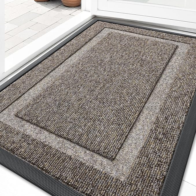 OLANLY Front Door Mat Indoor Outdoor Entrance, Waterproof All-Season, All-Weather Doormat, Sturdy Natural Rubber, Low Profile, Easy Clean Patio Porch Entryway Mat, 29.5x17, Khaki and White
