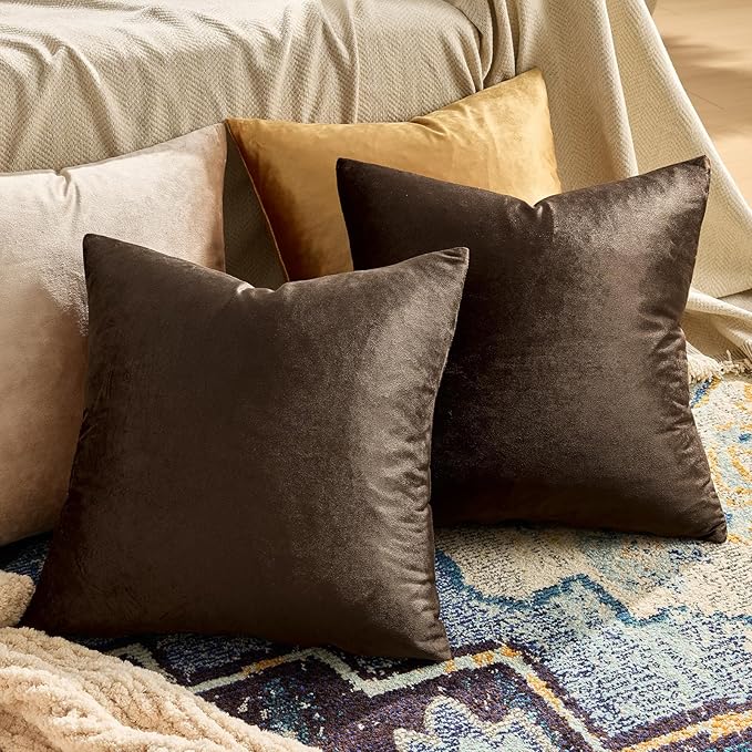 GIGIZAZA Brown Velvet Pillow Covers 26x26,Square Solid Throw Pillow Covers Decorative Modern Pillows Big Vintage Cases for Couch Pack of 2