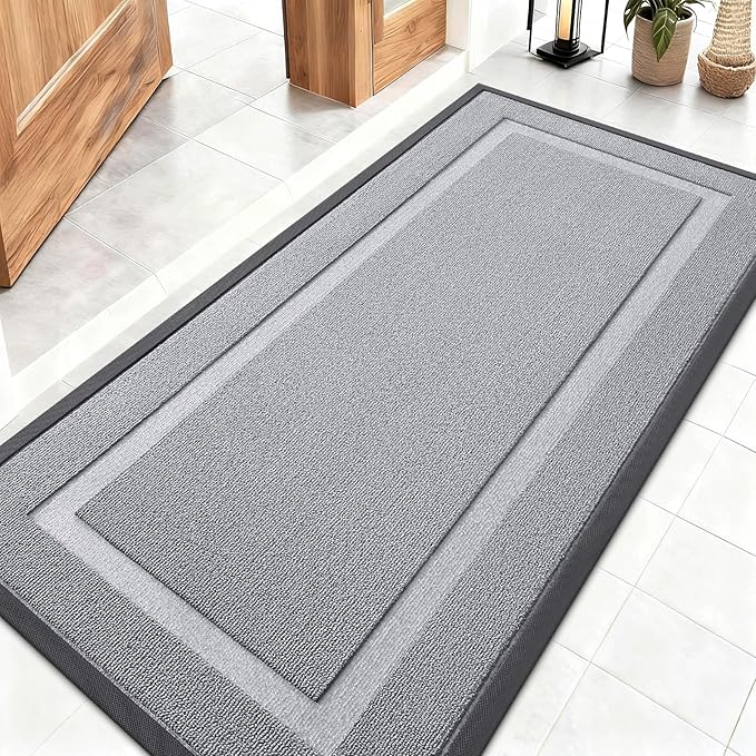 OLANLY Front Door Mat Indoor Outdoor Entrance, Waterproof All-Season, All-Weather Doormat, Sturdy Natural Rubber, Low Profile, Easy Clean Patio Porch Entryway Mat, 47x23, Silver Gray