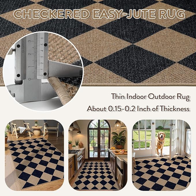 Lahome Colette Checkered Easy Jute Entry Rug, 3x5 Black Outdoor Patio Rug for Living Room Farmhouse Neutral Carpet, Washable Non Slip Indoor Door Mat Diamond Carpet for Front Door Deck Camping