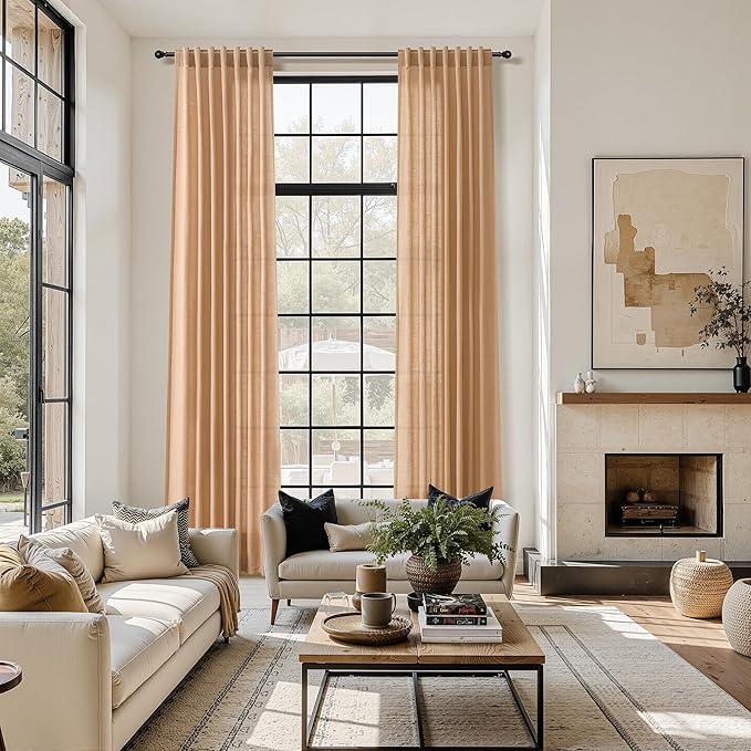 Nanspring Camel Linen Curtains for Living Room Extra Long 144 Inches Long Back Tab Light Filtering Semi Sheer Curtain Vintage Rustic Decor Floor to Ceiling High Window for Bedroom 52x144, 2 Panels