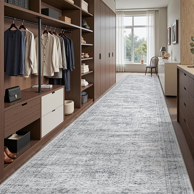 3x16 Washable Runner Rug for Hallway, Non-Slip Long Hallway Runner for Entryway, Soft Vintage Kitchen Mats for Floor, Abstract Dining Room, Bedroom, Living Room Rugs(3'x16', Grey/Ivory)