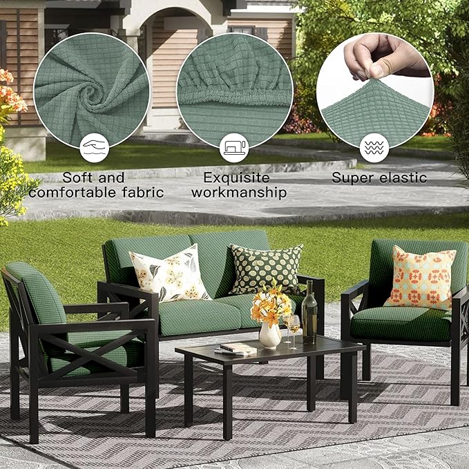 8Pcs Outdoor Cushion Covers, Patio Cushion Covers,Stretch Elastic Slipcovers, Replacement Washable Furniture Protector for Patio Couch,Thick Jacquard Fabric(Matcha Green, Cover Only)
